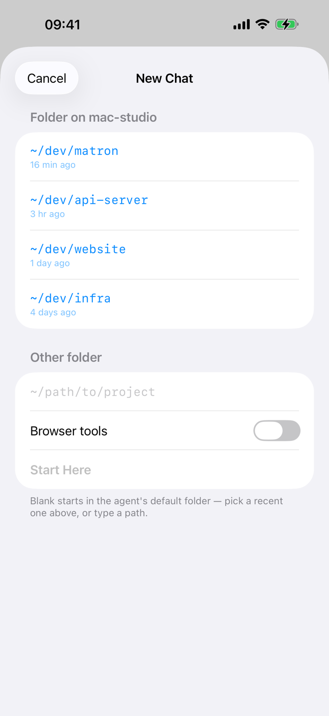 Matron's New Chat screen: recent folders on the chosen machine, each with when it was last used, plus a free-text path and a Browser tools toggle